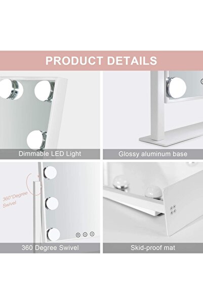 PADOM مرآة هوليود المضيئة مع زر لمس، مصابيح LED قابلة للتعتيم بثلاثة ألوان (18 لمبة)