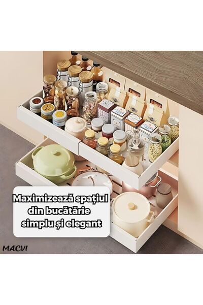 MACVI ® Extendable Cabinet Organizer, Metal, Sliding Drawer, Adhesive Mount, Large Capacity, White