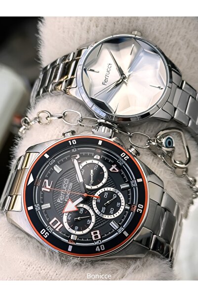 Ferrucci Couple Watches, Navy Blue Silver Color Steel Band, Gift in Separate Boxes with Bracelet Gift