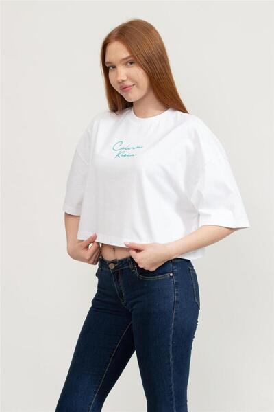 Calvin Klein Women's Cropped Boxy Fit Chain Stitch Logo T-Shirt - White