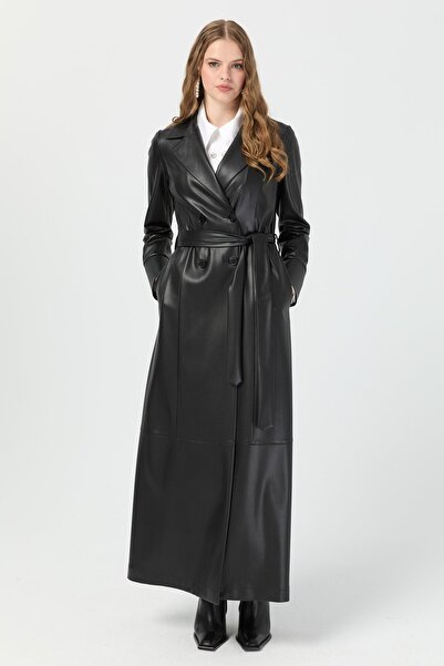 Esswaap Tam Boy İçi Süet Deri Pardesü Siyah