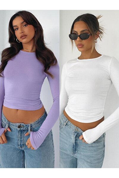 ÖZ PAMUK Bluză din lycra cu mânecă lungă din țesătură simplă, cu gât crew, 2 ...