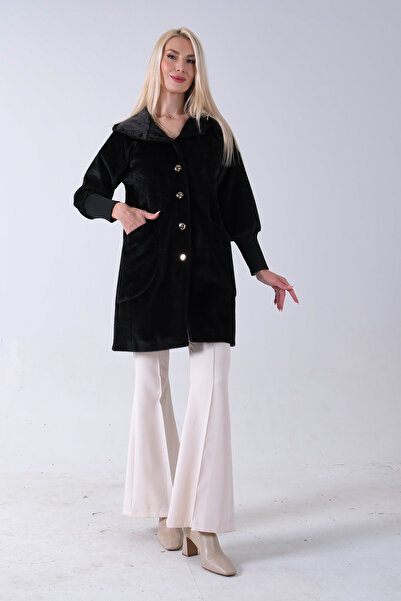 Feminist 2 Torba Cep Kapüşonlu Düğme Kapamalı Bileği Lastikli Peluş Kaban Siy...