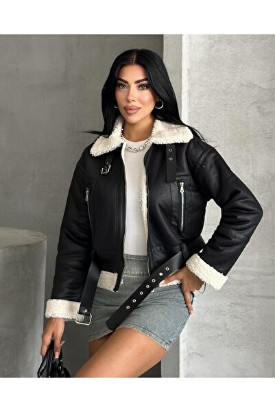 cottonage Palton din piele pentru femei cu centură și blană în interior - Jachetă din piele de motociclist