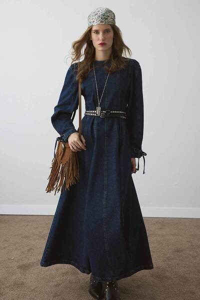 Hooopstore Kolları Bağcıklı Dikiş Detaylı Denim Lacivert Elbise