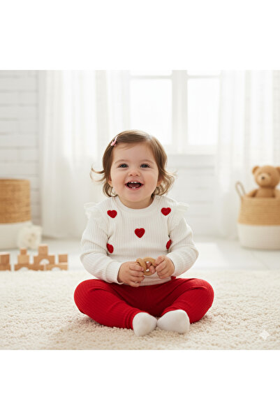 hoonistyle Kız Çocuk/Bebek Kalp Nakışlı Omuzdan Çıtçıtlı Bebek Takımı 2li Alt Üst Mevsimlik