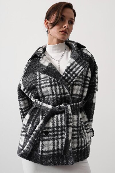 VAGGON Women's Gray Plaid Patterned Double Pocket Belted Coat Vs01412