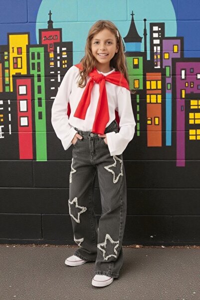 ASL GOLF CLUB Girl's Wide-Leg Star Patterned 100% Cotton Elastic Denim Pants