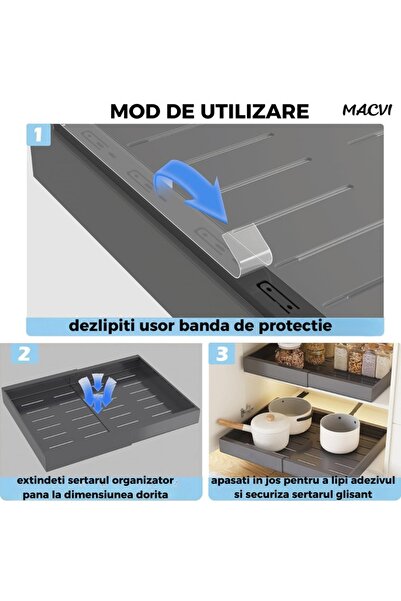 MACVI ® Extendable Cabinet Organizer, Metal, Sliding Drawer, Adhesive Mounting, Large Capacity, Gray
