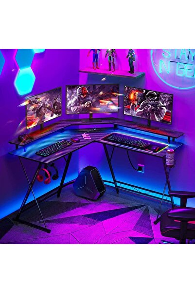 Chulovs مكتب ألعاب 130 سم مع شريط LED ومنافذ طاقة، مكتب زاوية كمبيوتر على شكل...