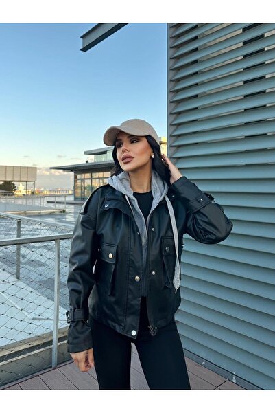 motix Gri Kapşon Detayıyla Tamamlanan Deri Ceket Kombini KADIN deri ceket