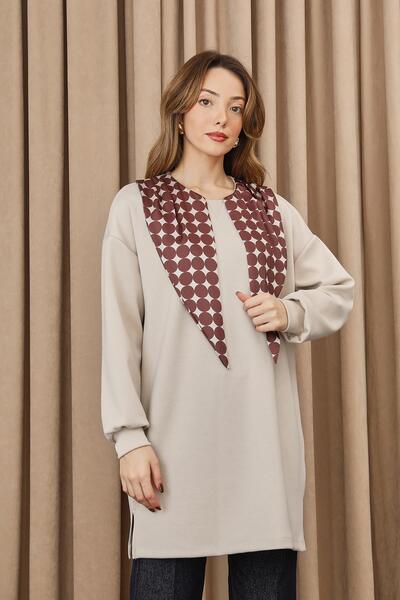 Puane Women's Polka Dot Detailed Basic Tunic - 10742Tun - Stone