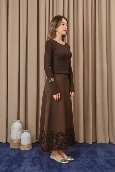 Puane Women's Skirt with Lace Trim and Opening - 18267Etk - Brown