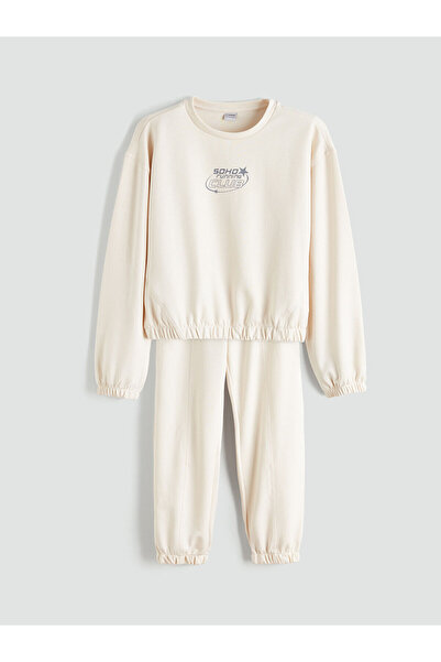 LC Waikiki طقم رياضي للفتيات من LCW Kids بلون إكرو وياقة دائرية وملمس ناعم