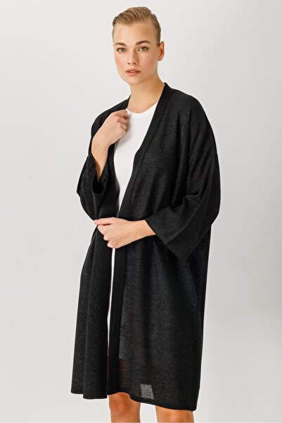 Butik Triko Mutlu ertan women's glittery three-quarter sleeve cardigan black 2911