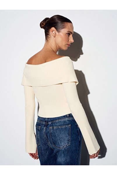 Dilvin 60252 Zippered Corded Fabric Knitwear Top-Natural