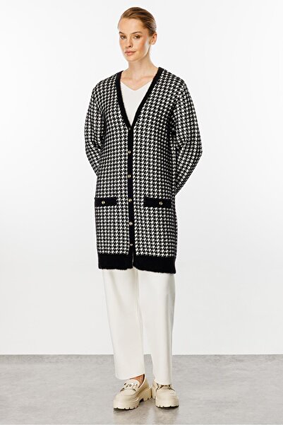 Mutlu Ertan Women's Angora Mink Cardigan Black-Ecru 20147