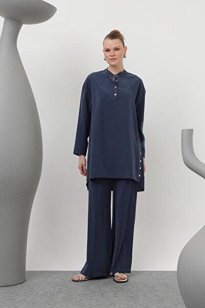 Puane Kadın Hakim Yaka Patı Çıtçıt Detaylı Pantolonlu Takım - 14309TKS - NAVY