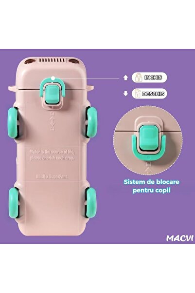 MACVI ® Kids Water Bottle, 500ml, Bus Toy Design, BPA-Free, Leak-Proof, Button Open, Pink