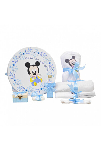 OEM Set botez personalizat cu 8 piese într-o cutie rotundă - Bebeluș Mickey, Albastru - SPB-83