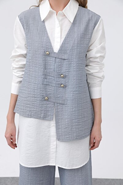 Puane Women's Front Vest-Looking Epaulette Trousers Set - 14327Tks - Indigo-Ecru