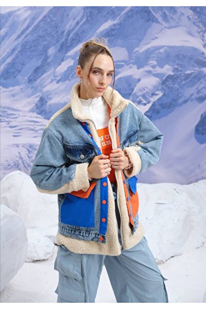 İLKCET MODA Denim Mix Oversized Women's Plush Coat