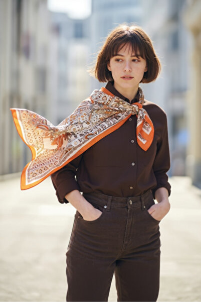 Mevi Atelier Turuncu Desenli Fular 70 X 70