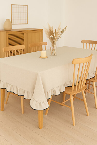 Mirilliahome Elite Frilly Piped Raw Linen Tablecloth – Frilly Beige Tablecloth