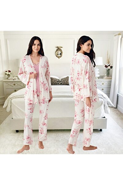 Pierre Cardin Pembe Çiçek Desenli Sabahlık & İp Askılı Atlet Bluz 3'lü Modal Pijama Takımı THLV0R85PC