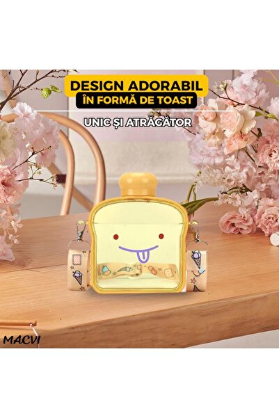 MACVI ® Kids Water Bottle – Toast Shape, 380 ml, BPA-Free, Leak-Proof, Adjustable Strap, Yellow