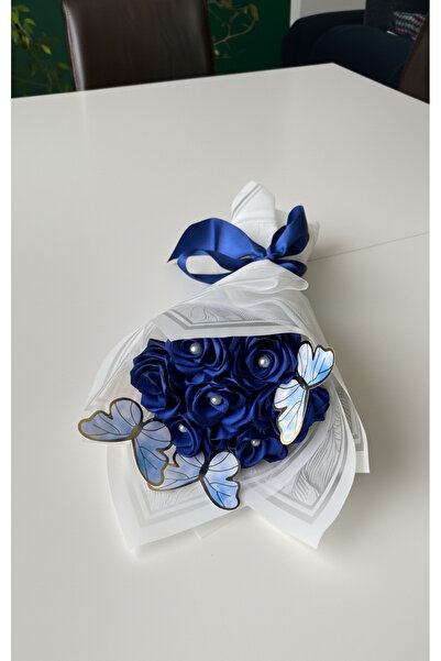 Buketim Seninle 7'li Lacivert İncili Solmayan Saten Gül Buketi, Sevgiliye, Arkadaşa, Öğretmene Hediye