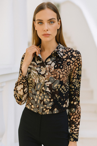 Rich Γυναικείο πουκάμισο με καφέ σχέδιο από βισκόζη με κρυφό κουμπί με λεπτομέρεια εφαρμοστό Desing