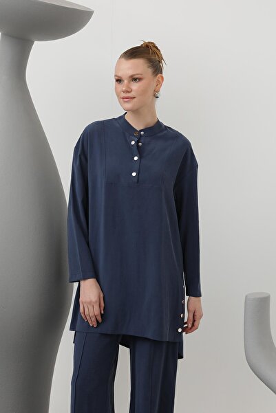 Puane Kadın Hakim Yaka Patı Çıtçıt Detaylı Pantolonlu Takım - 14309TKS - NAVY