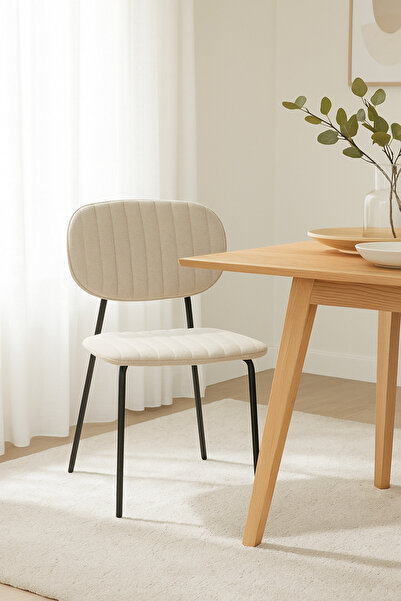 MARIA HOMES Beige Fabric Dining Chair – Modern Minimalist Chair with Black Me...