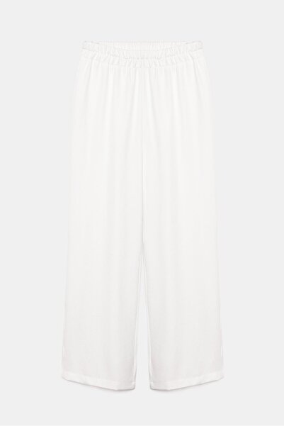 Saade White Women's Elastic Waist Tied Loose Wide Leg Woven Trousers