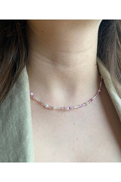 Anetta Jewelry Kadın tasarım pembe beyaz inci detaylı kolye