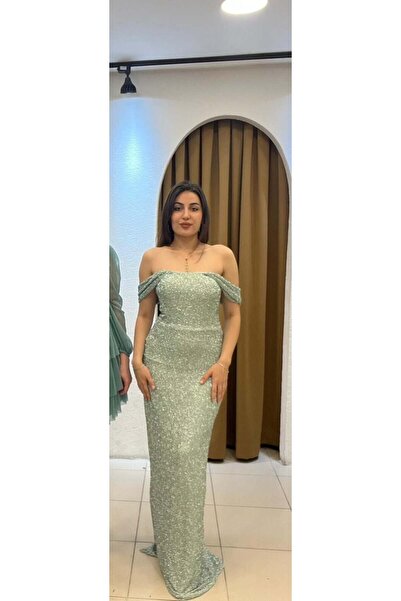 SUNAYBUTİK MİNT YEŞİLİ MADONNA YAKA PULLU ARKADAN ABİYE