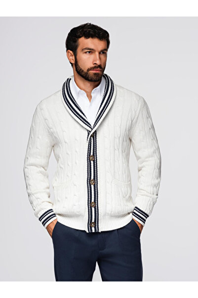 OMBRE Ανδρική Ζακέτα Preppy με Γιακά Σάλι - Λευκό V1 OM-SWCD-0152