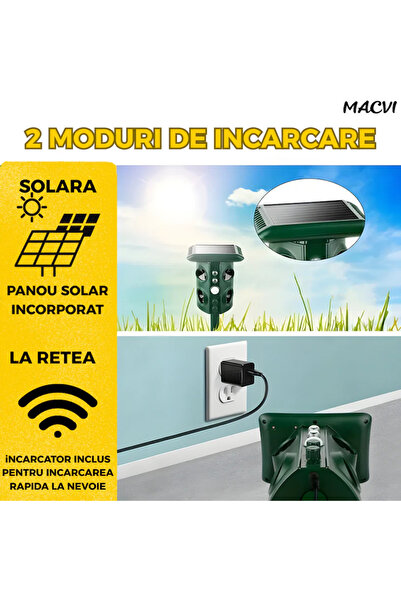 MACVI ® Ultrasonic Pest Repeller, 360°, Solar/USB, PIR Sensors, Strobe LED, Waterproof, Green