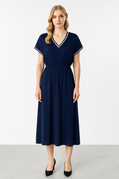 Mutlu Ertan Women's V-Neck Ribbed Long Combed Cotton Dress Navy Blue 30384