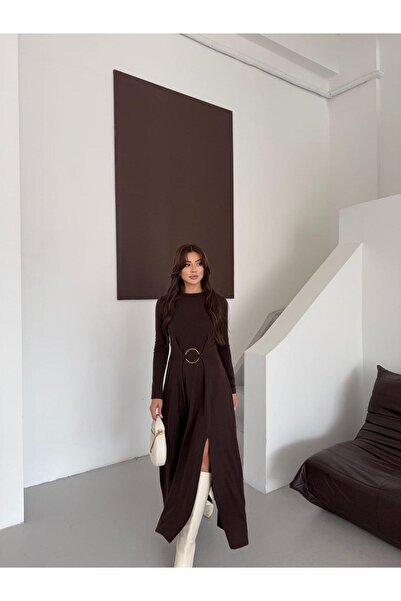 QİMYA BUTİK BUKETLİ Rochie lungă pentru femei B guler rotund cu mânecă lungă, cu detaliu de cataramă cu cu fantă inele în formă de Y