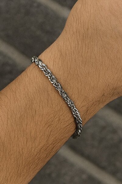 TAKIŞTIR سوار رجالي من الفولاذ بتفاصيل ملتوية فضية اللون