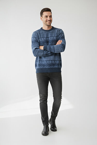 Pulltonic Erkek Bisiklet Yaka Desenli Kazak | %68 Kuzu Yünü