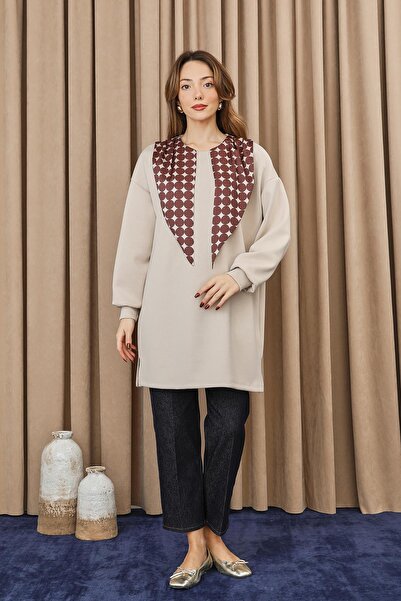 Puane Women's Polka Dot Detailed Basic Tunic - 10742Tun - Stone