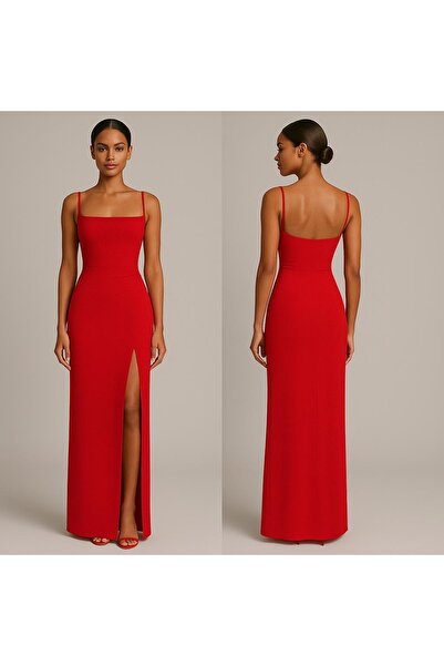 Nsb Tasarım Women's Luxury Rope Strap Slit Detailed Long Dress