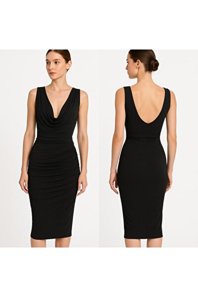 Nsb Tasarım Kadın Siyah Luxury Midi Göğüs Dekolteli Drapeli Elbise