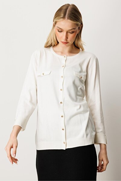 Mutlu Ertan Women's Pocket Detailed Buttoned Knitwear Cardigan Ecru 20228