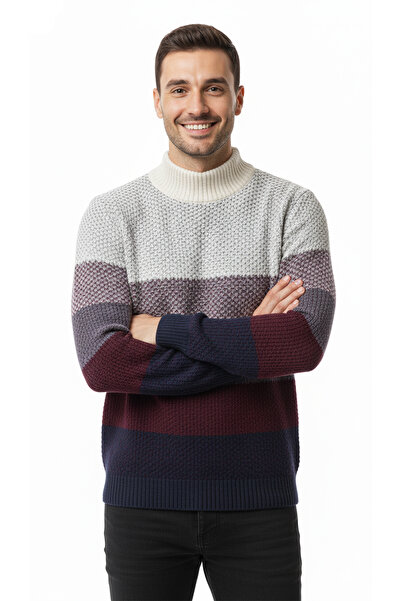 Pulltonic Erkek Yarım Balıkçı Yaka Kalın Renkli Kazak | %68 Kuzu Yünü