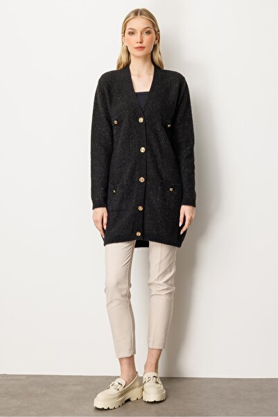 Mutlu Ertan Kadın Simli Cep Detaylı Triko Hırka Siyah 20248