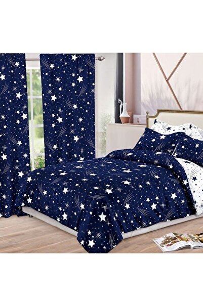 Casa de Vis Set lenjerie pat dublu, 8 piese cu perdele, bumbac satinat, 220 x...